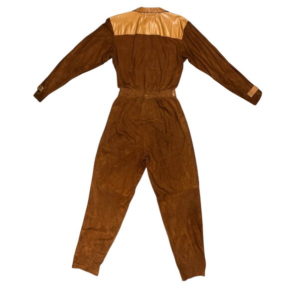 Liz Roberts Vintage 1970s Leather Coverall Jumpsuit Size M Brown Western Utility - Picture 2 of 16